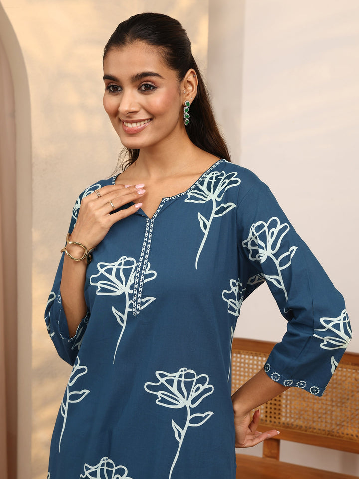 Blue Printed Cotton Straight Suit Set With Dupatta
