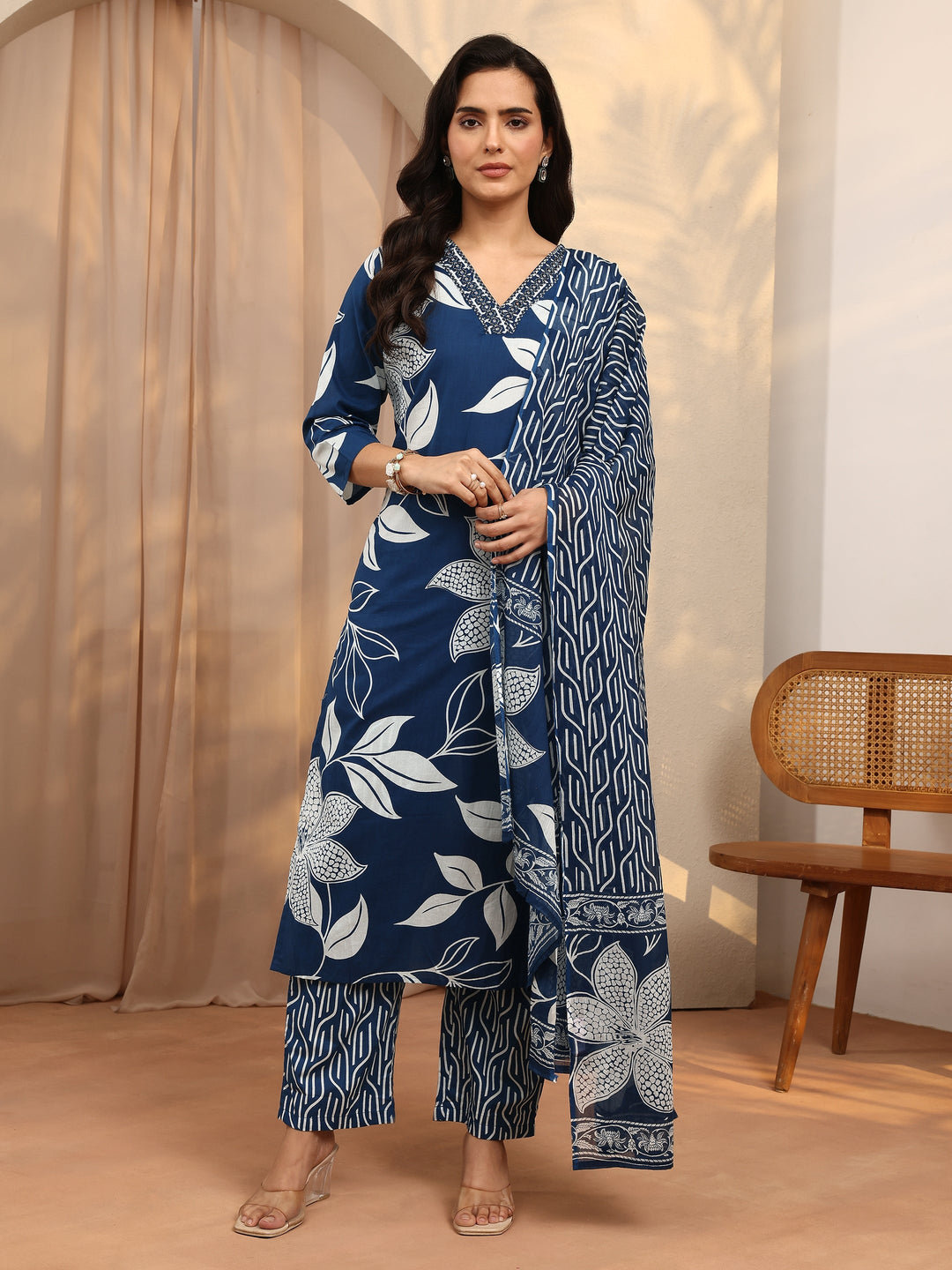Blue Printed Cotton Straight Suit Set With Dupatta