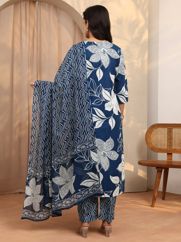 Blue Printed Cotton Straight Suit Set With Dupatta