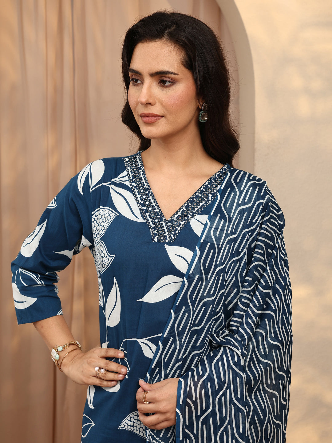 Blue Printed Cotton Straight Suit Set With Dupatta