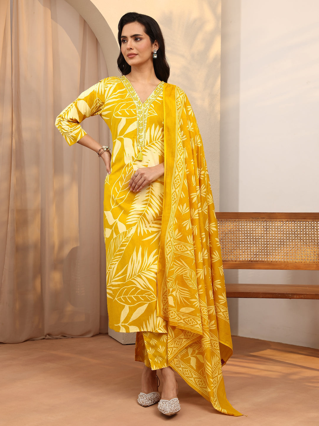 Mustard Printed Cotton Straight Suit Set With Dupatta