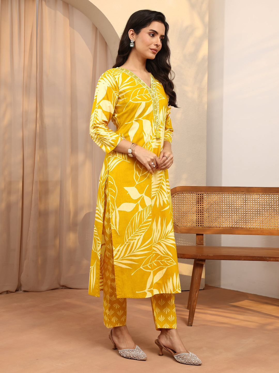 Mustard Printed Cotton Straight Suit Set With Dupatta