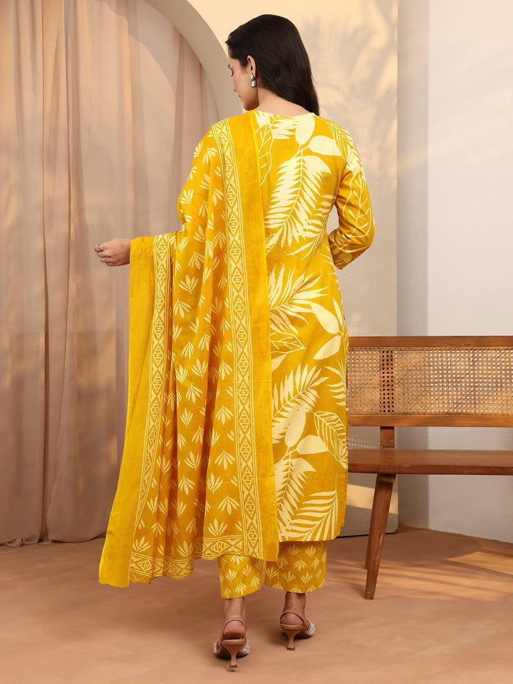 Mustard Printed Cotton Straight Suit Set With Dupatta