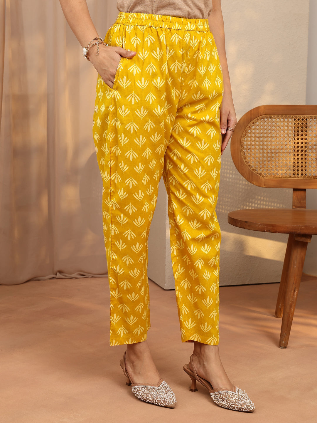 Mustard Printed Cotton Straight Suit Set With Dupatta