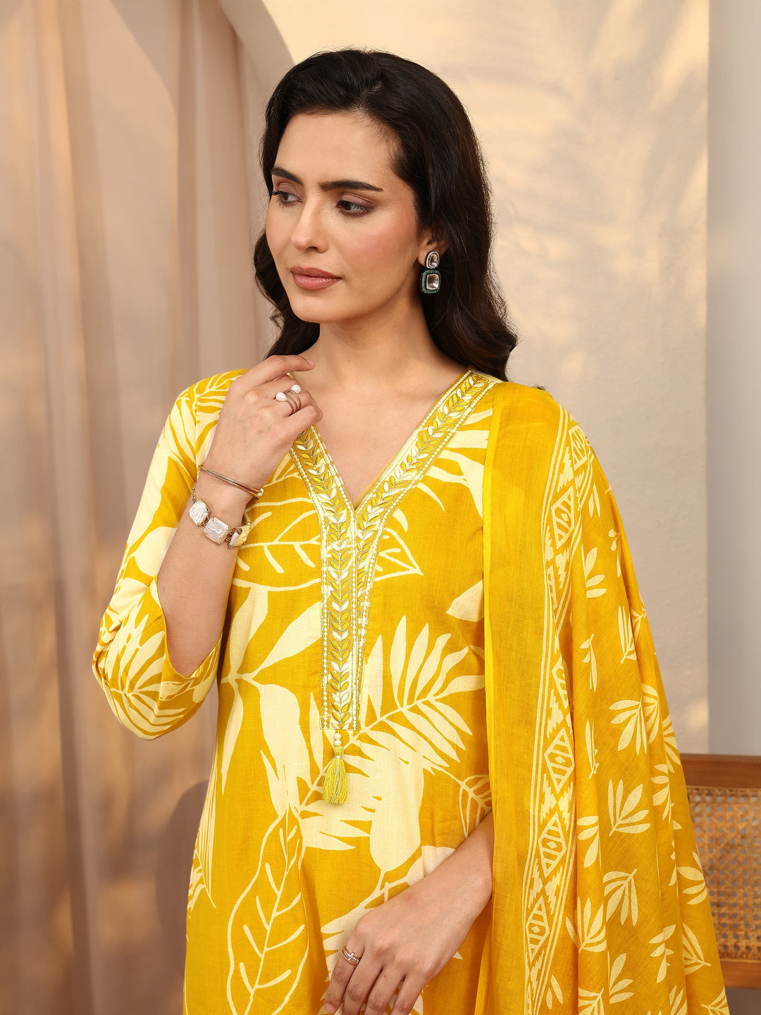 Mustard Printed Cotton Straight Suit Set With Dupatta