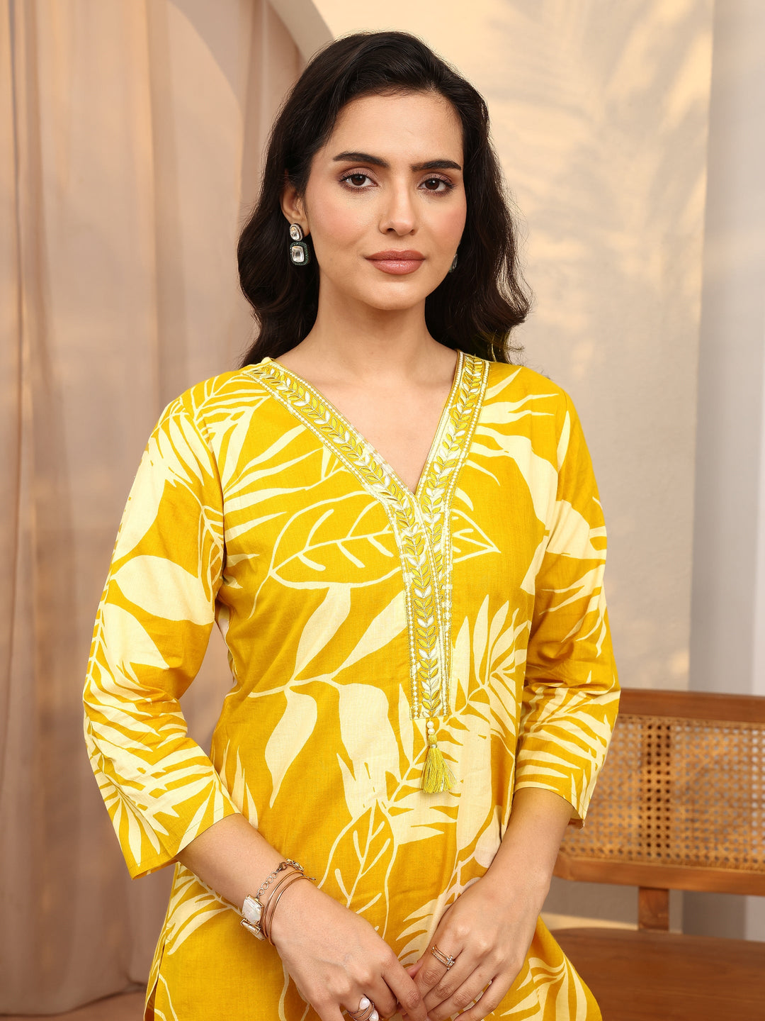 Mustard Printed Cotton Straight Suit Set With Dupatta