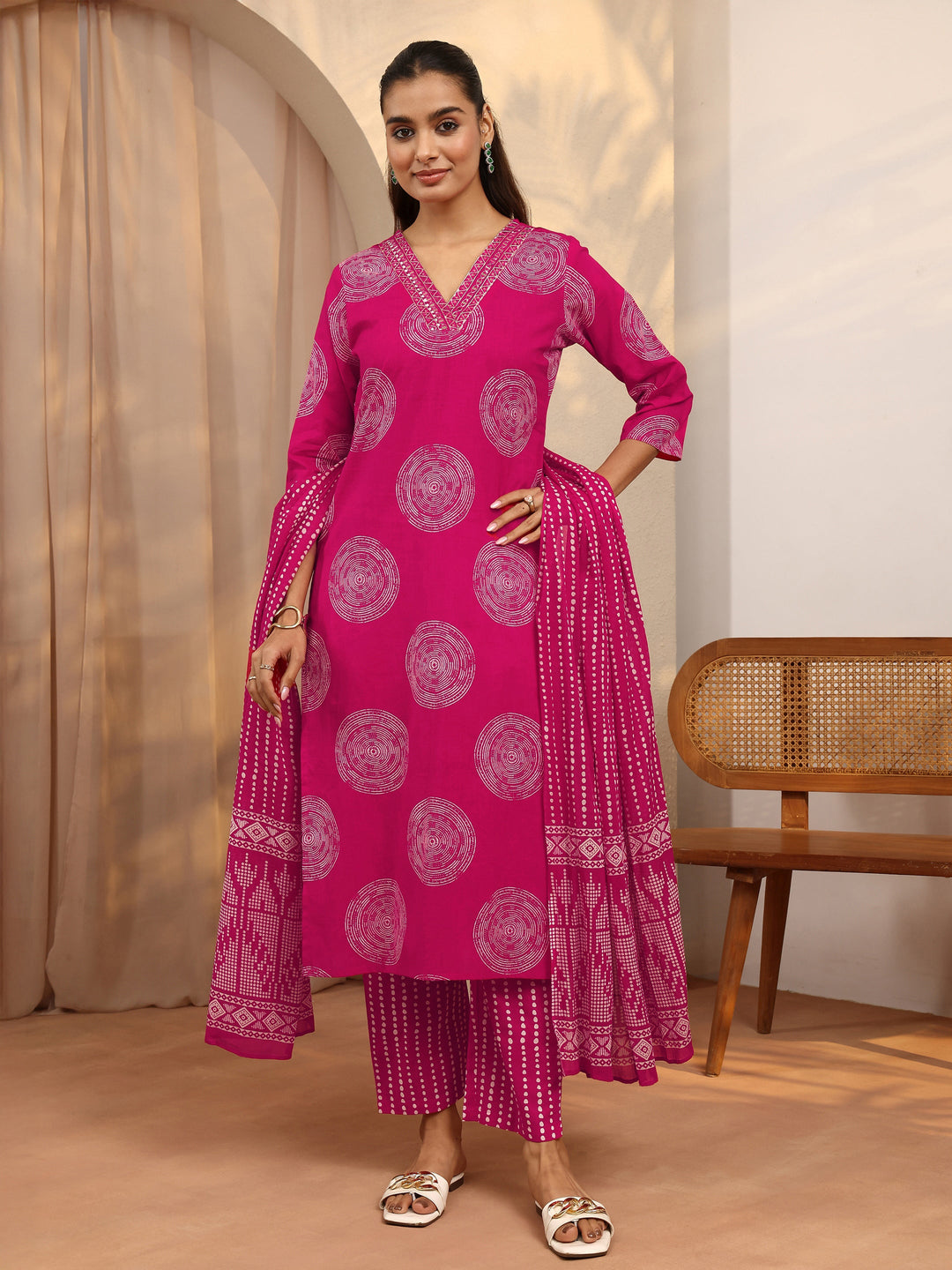 Pink Geometric Printed Cotton Suit Set With Dupatta