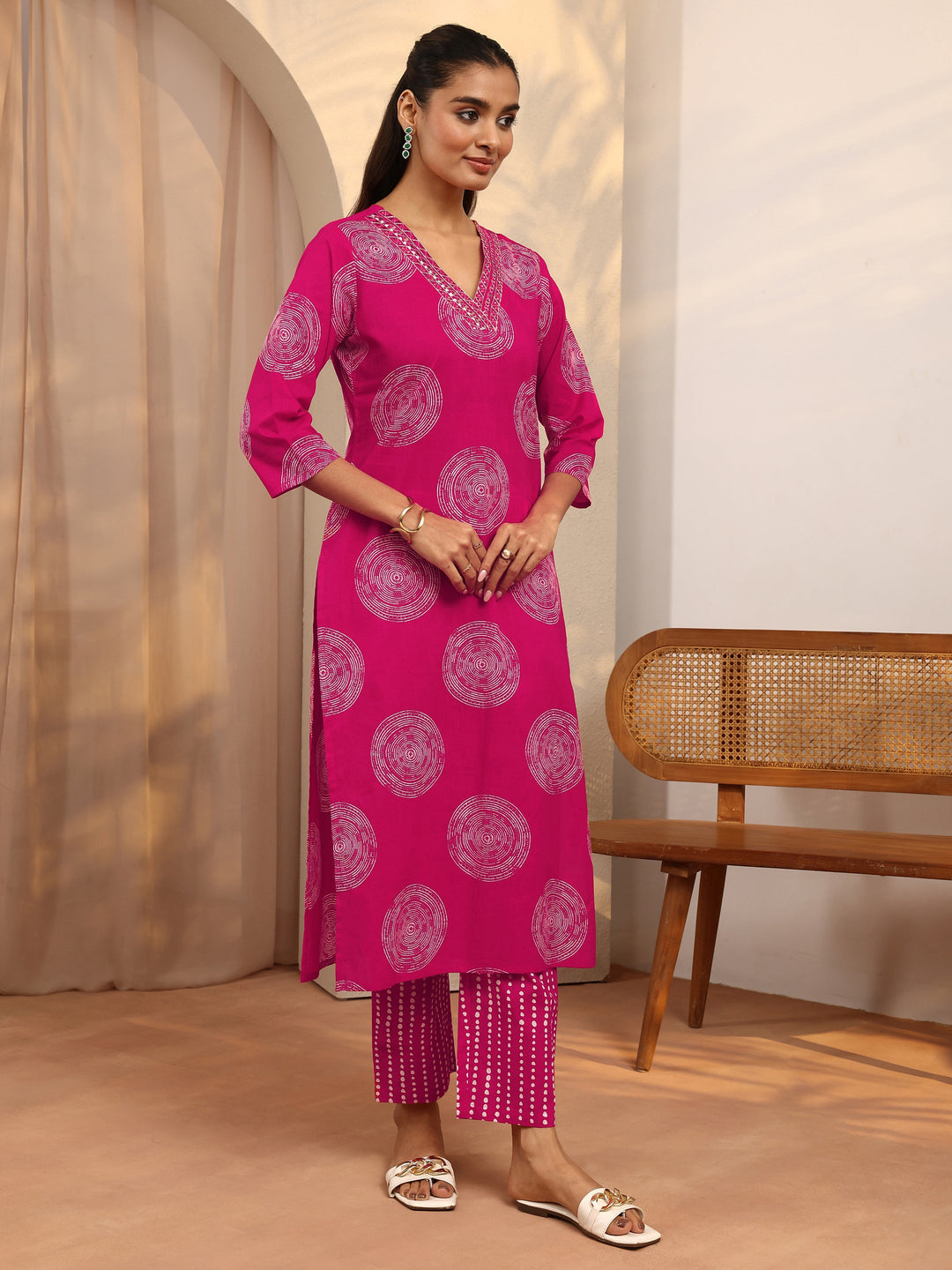 Pink Geometric Printed Cotton Suit Set With Dupatta