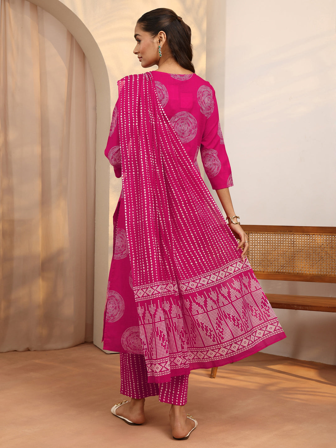 Pink Geometric Printed Cotton Suit Set With Dupatta