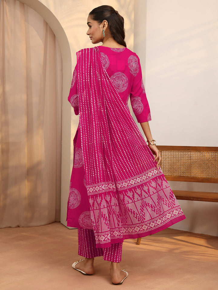 Pink Geometric Printed Cotton Suit Set With Dupatta