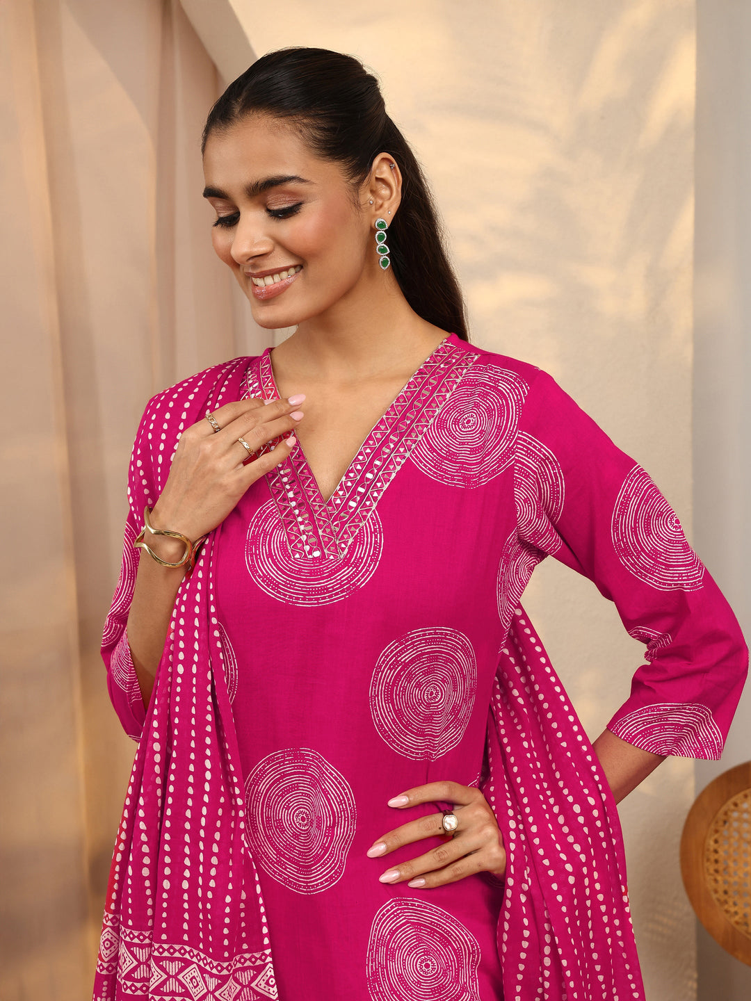 Pink Geometric Printed Cotton Suit Set With Dupatta