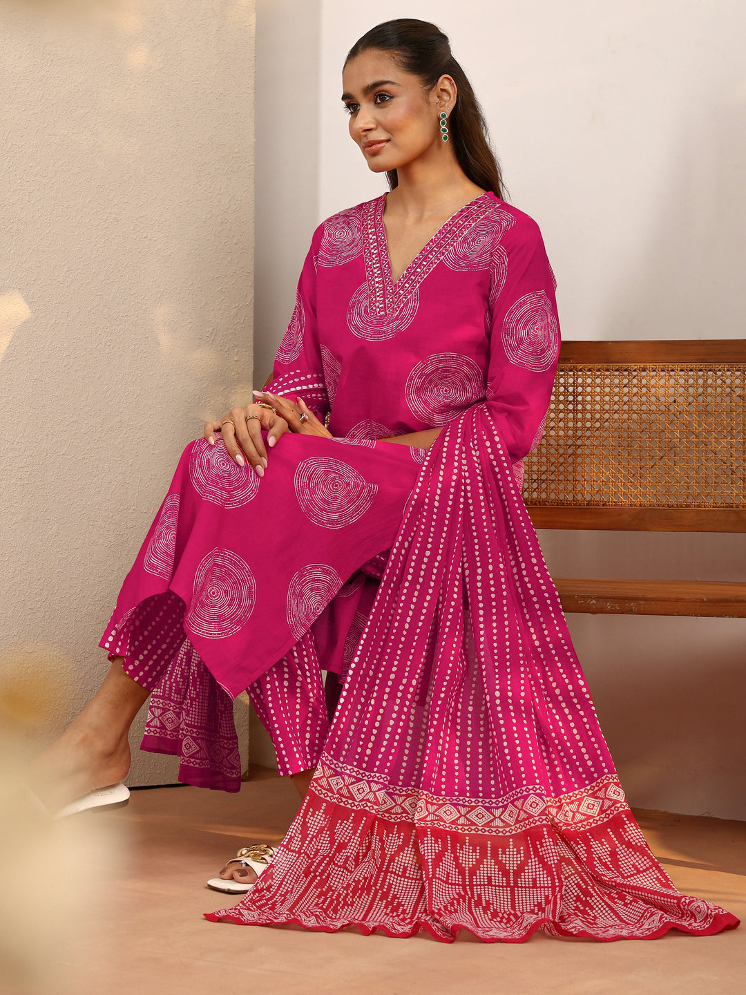 Pink Geometric Printed Cotton Suit Set With Dupatta