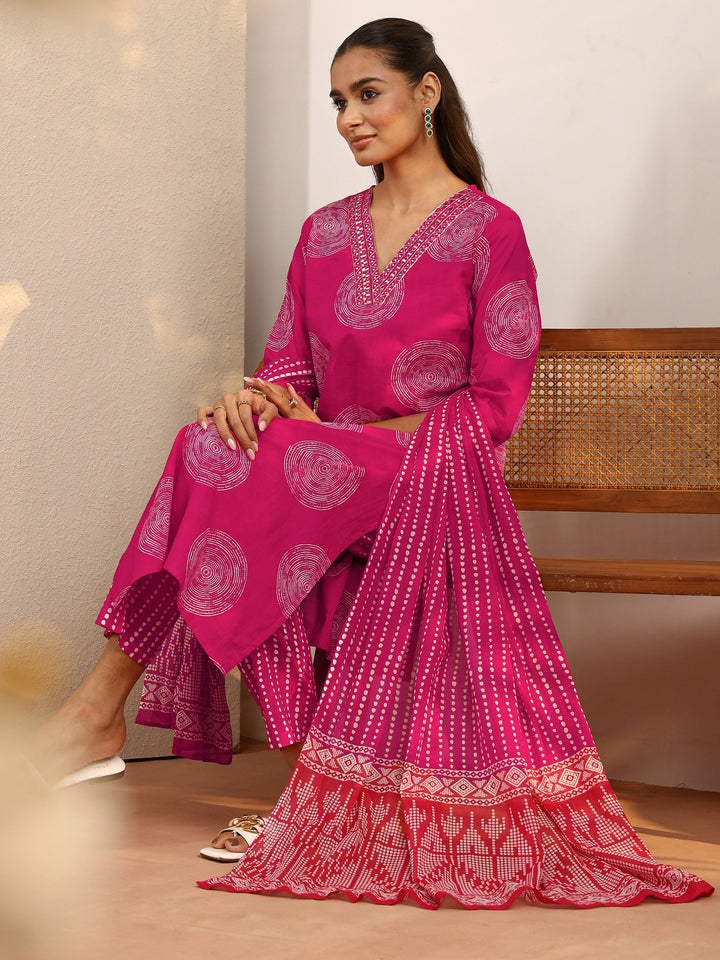 Pink Geometric Printed Cotton Suit Set With Dupatta