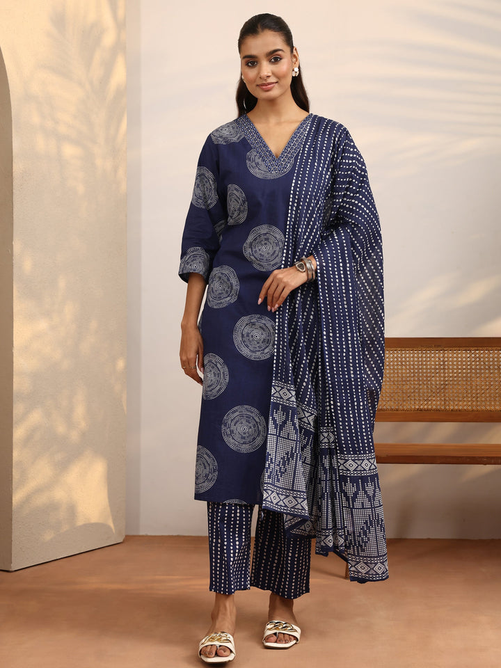 Blue Geometric Printed Cotton Suit Set With Dupatta