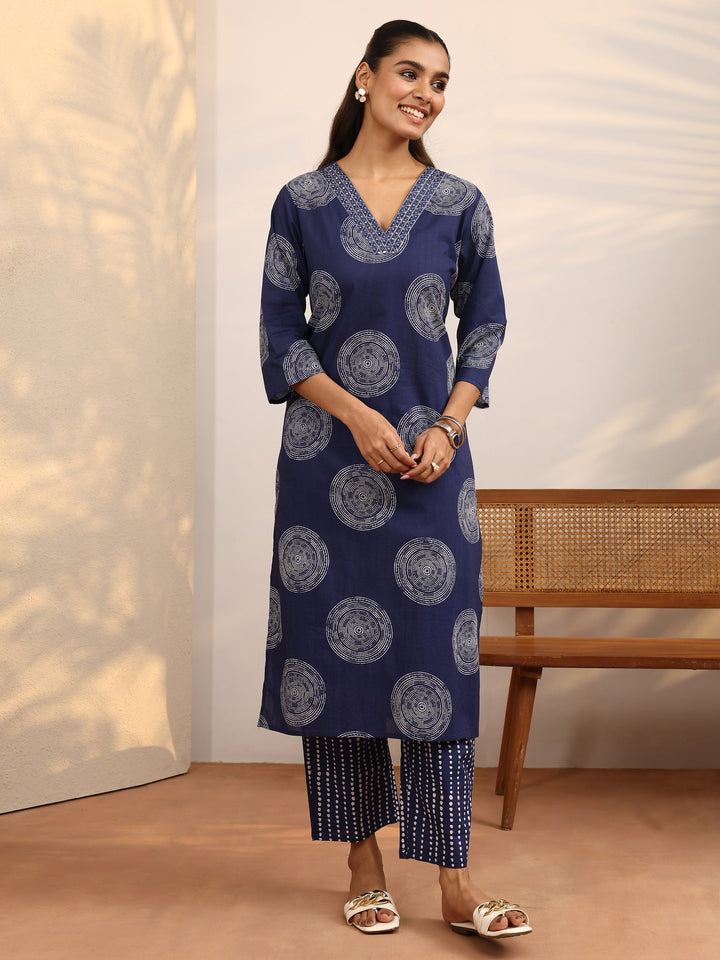 Blue Geometric Printed Cotton Suit Set With Dupatta