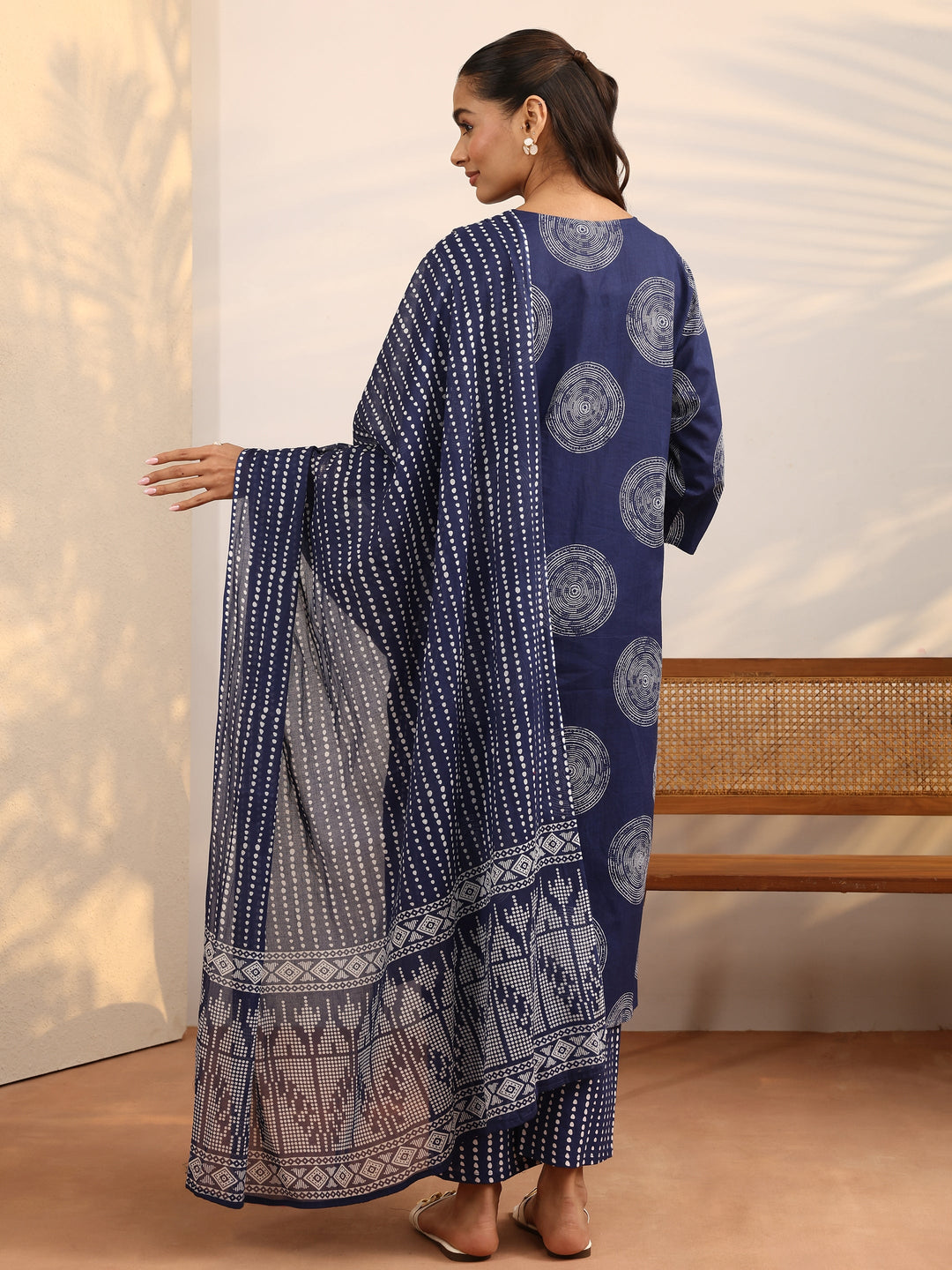 Blue Geometric Printed Cotton Suit Set With Dupatta