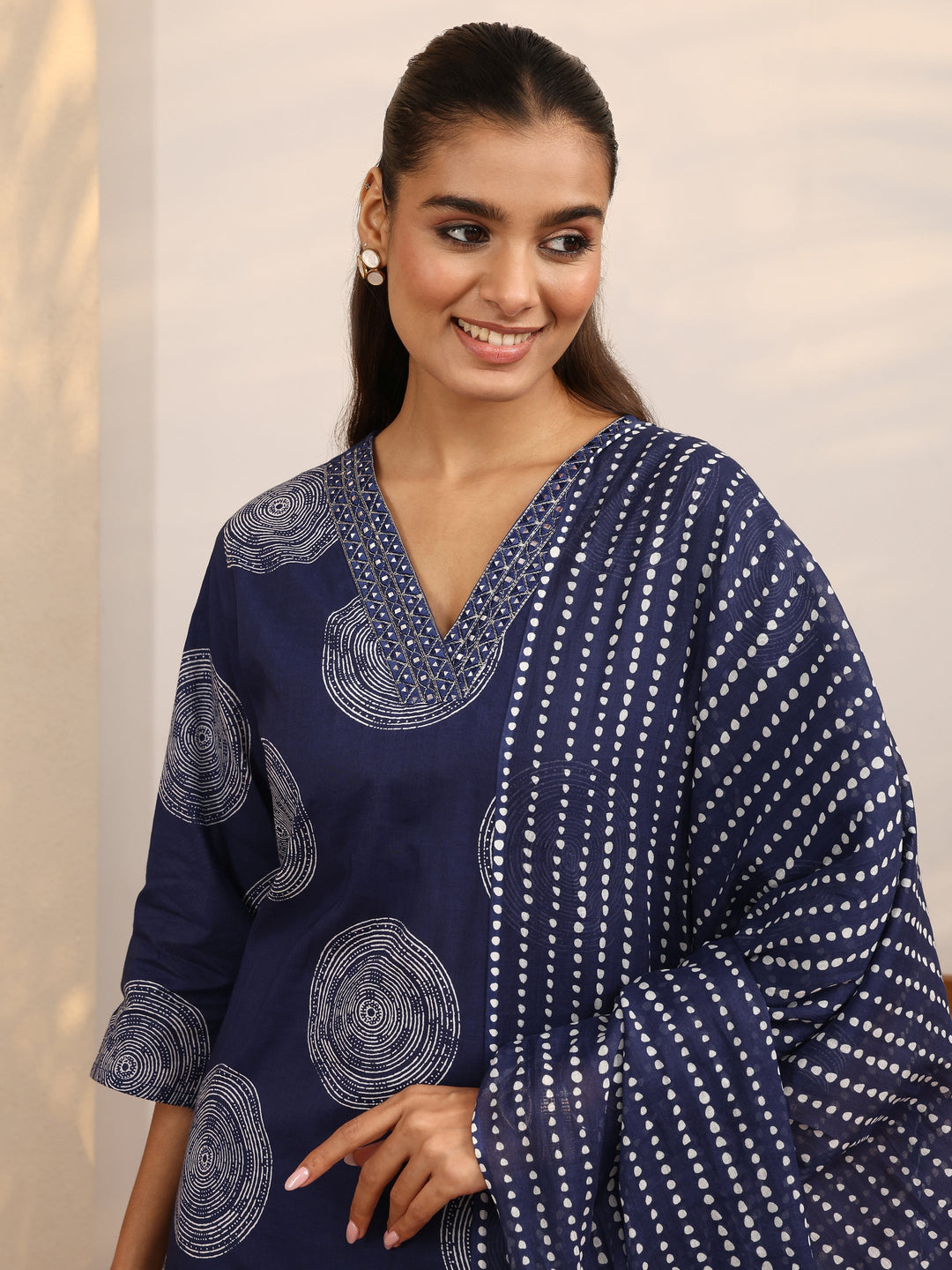 Blue Geometric Printed Cotton Suit Set With Dupatta