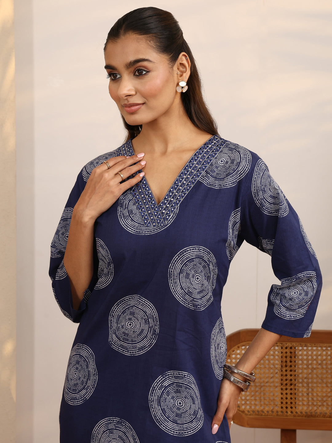 Blue Geometric Printed Cotton Suit Set With Dupatta