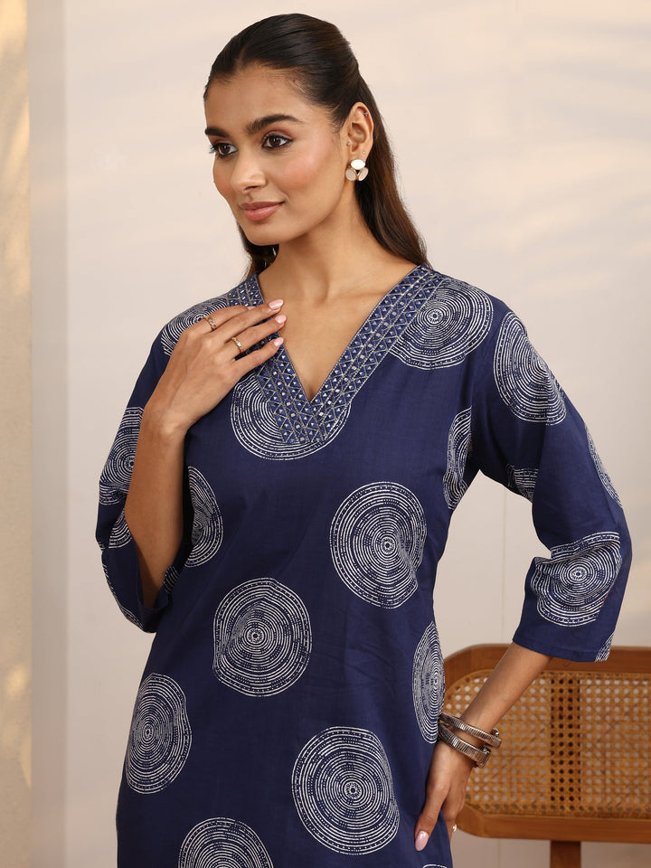 Blue Geometric Printed Cotton Suit Set With Dupatta