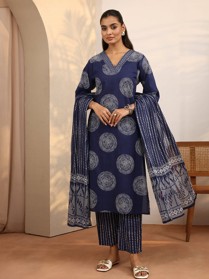 Blue Geometric Printed Cotton Suit Set With Dupatta
