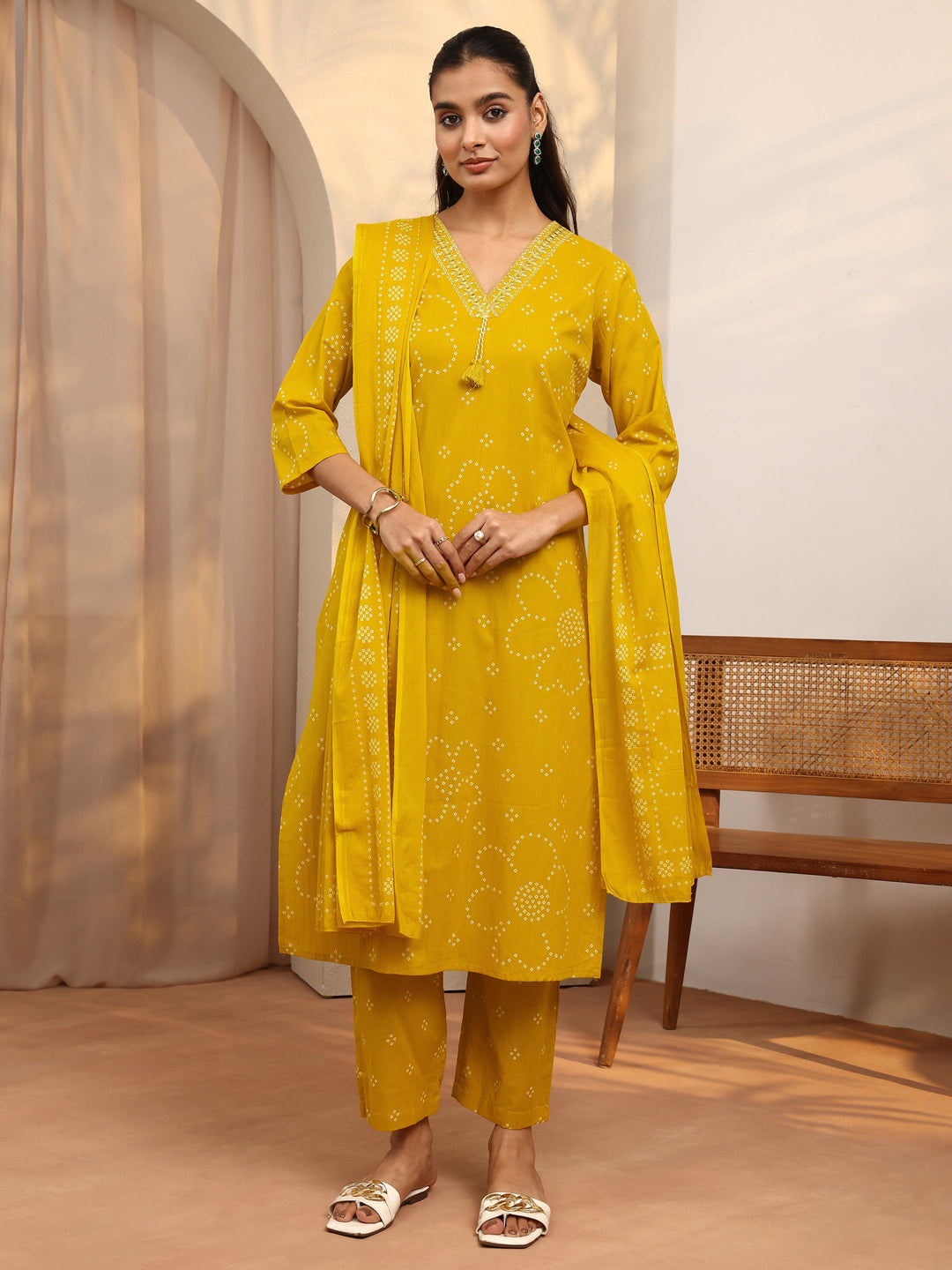 Mustard Bandhani Printed Cotton Suit Set With Dupatta