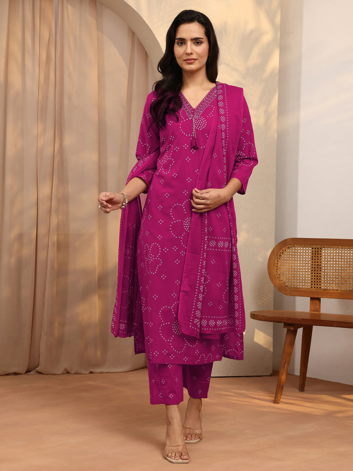 Pink Bandhani Printed Cotton Suit Set With Dupatta