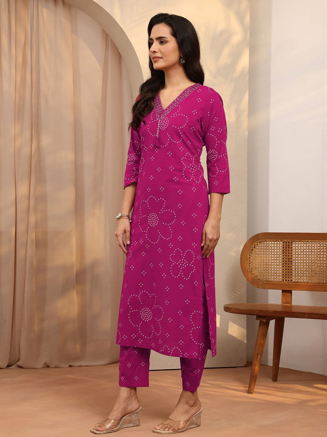 Pink Bandhani Printed Cotton Suit Set With Dupatta