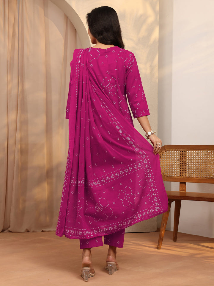 Pink Bandhani Printed Cotton Suit Set With Dupatta