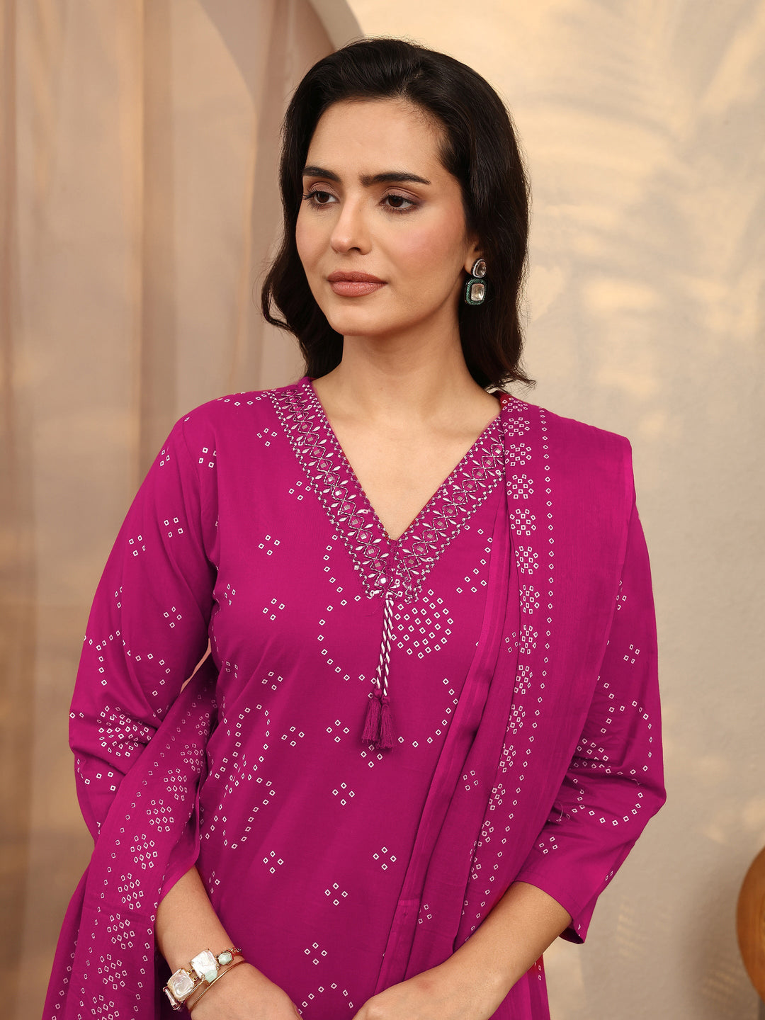Pink Bandhani Printed Cotton Suit Set With Dupatta