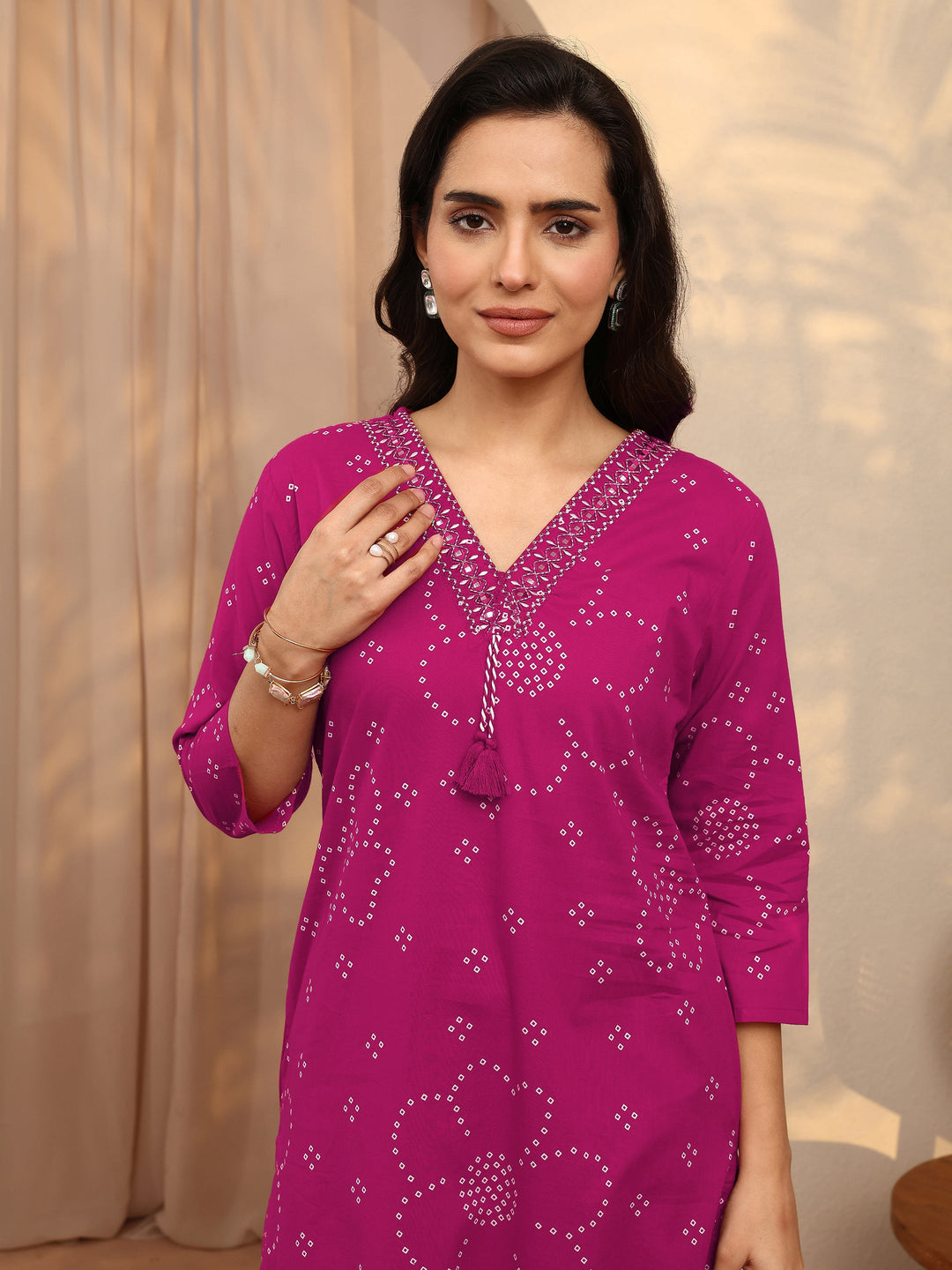 Pink Bandhani Printed Cotton Suit Set With Dupatta