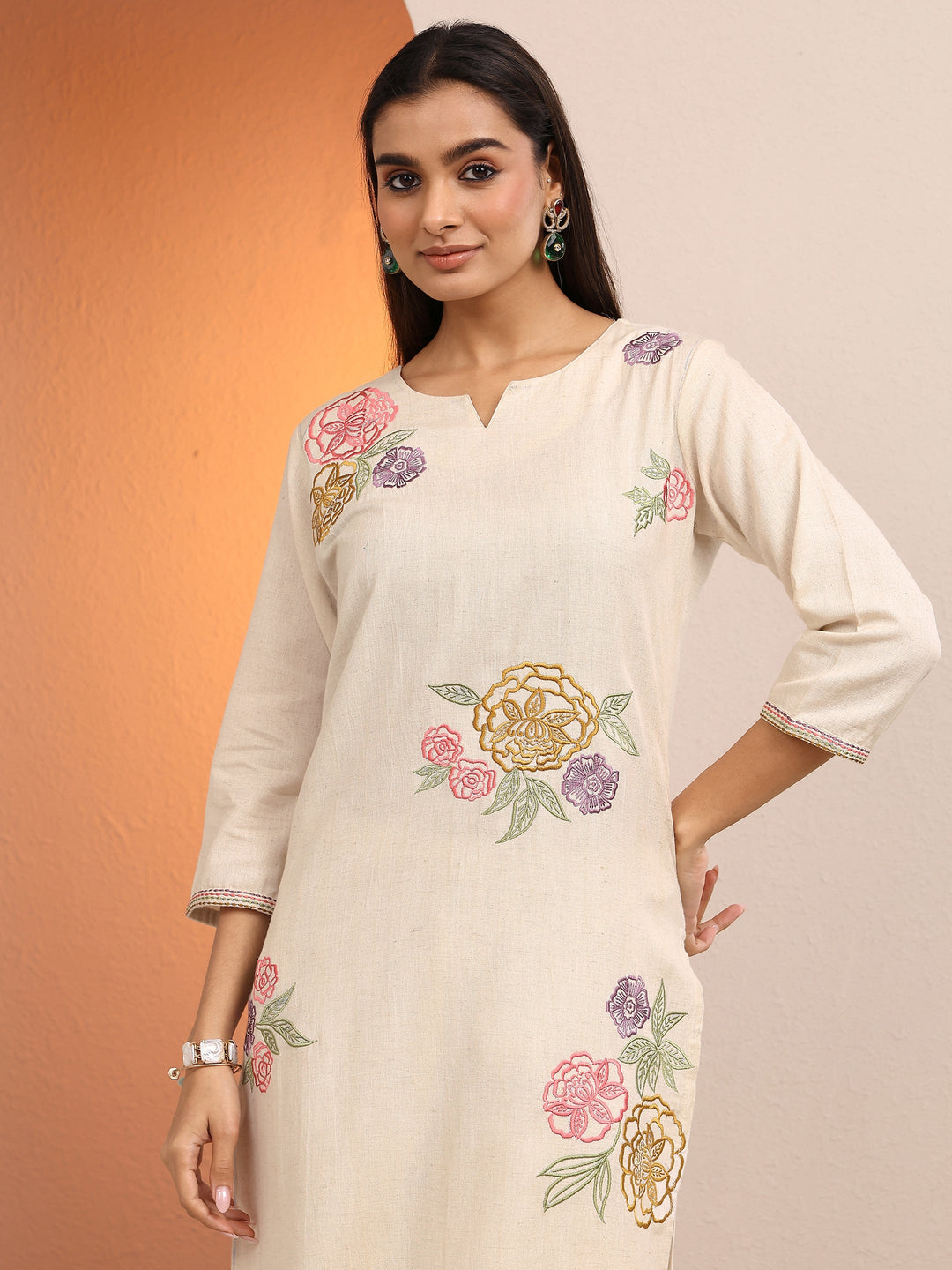 Off White Embroidered Cotton Co-Ord Sets
