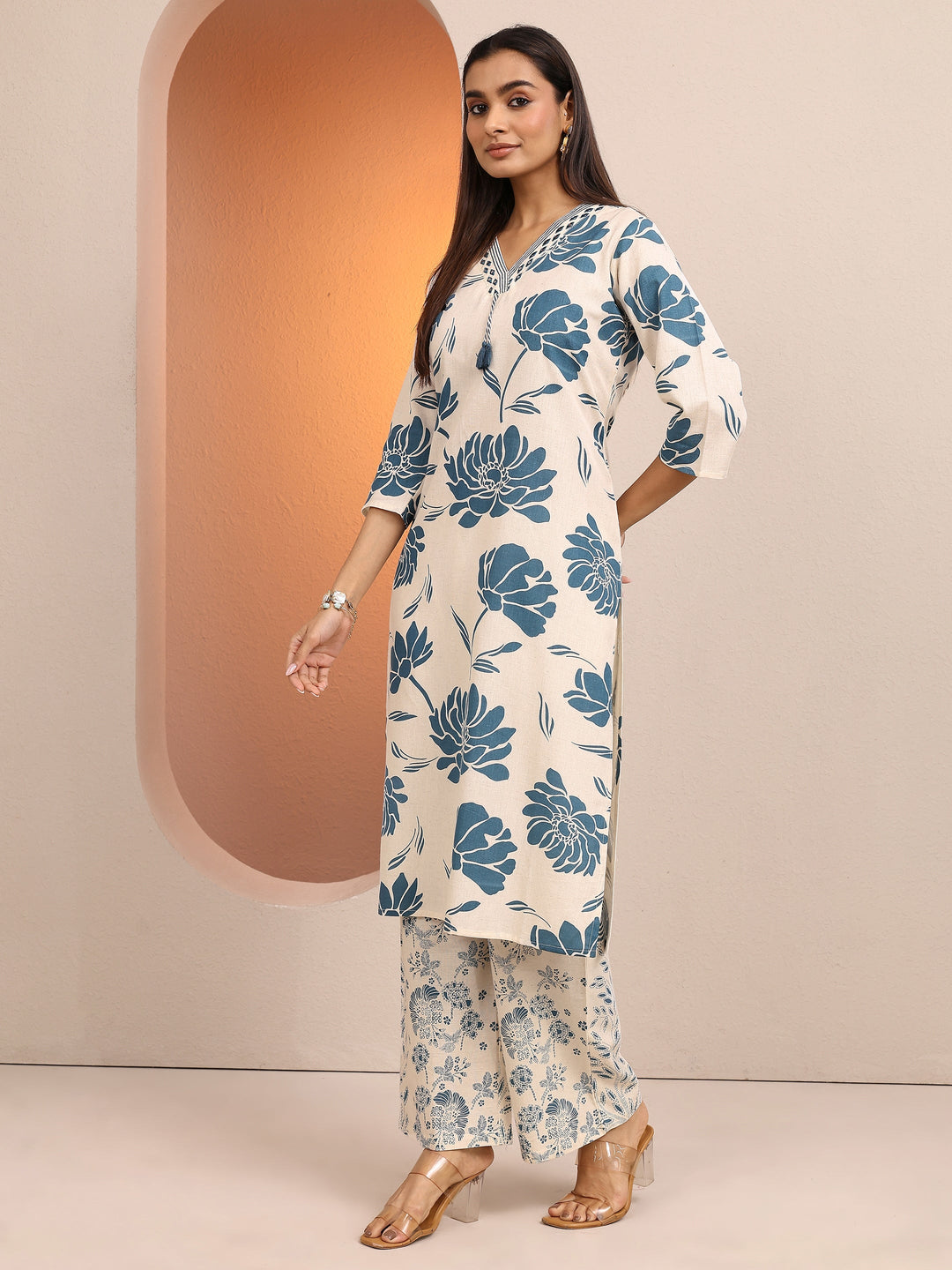 Off White Floral Printed Cotton Co-Ord Set