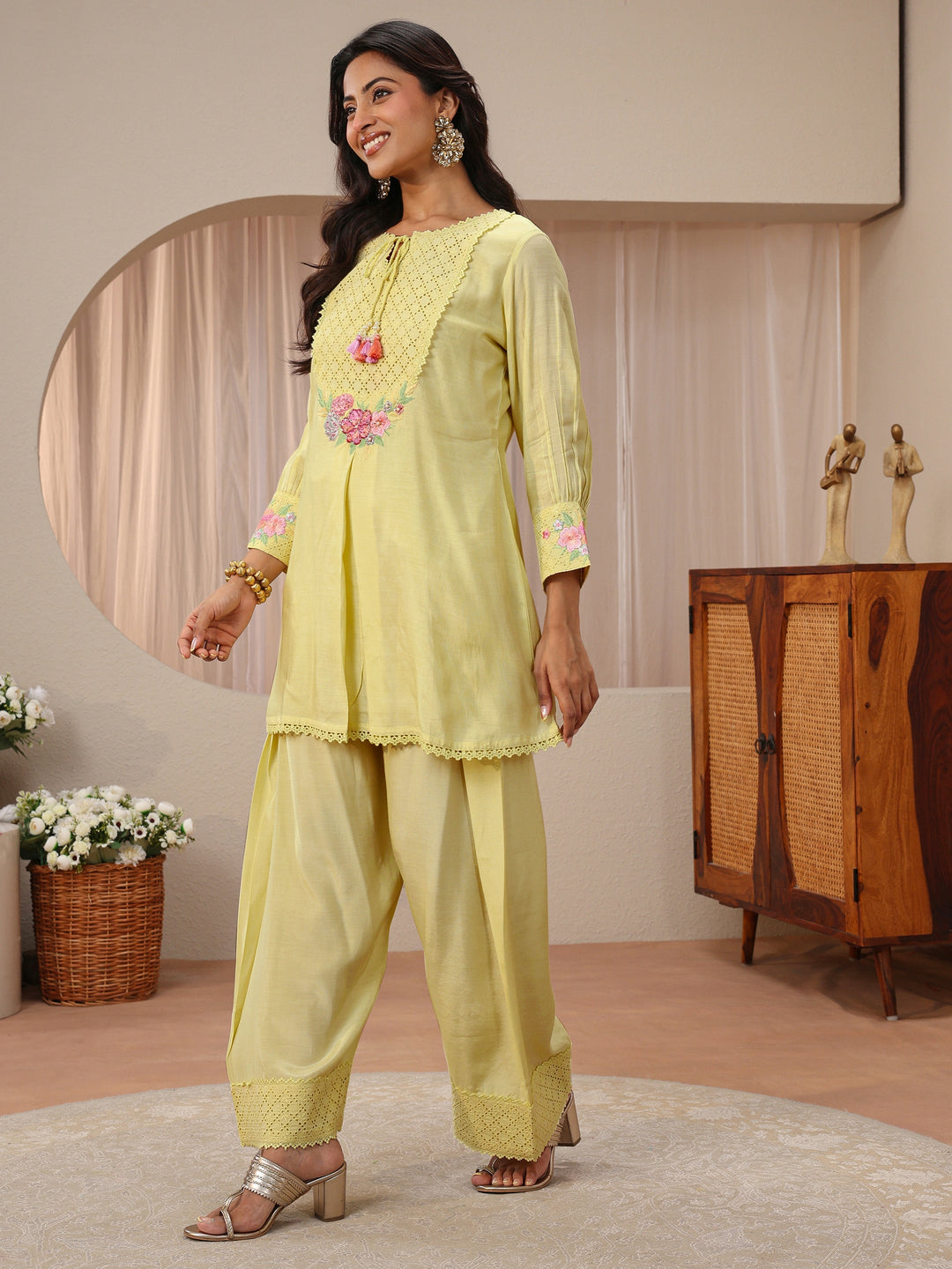 Yellow Floral Embroidered Silk Blend A-Line Kurta Set
