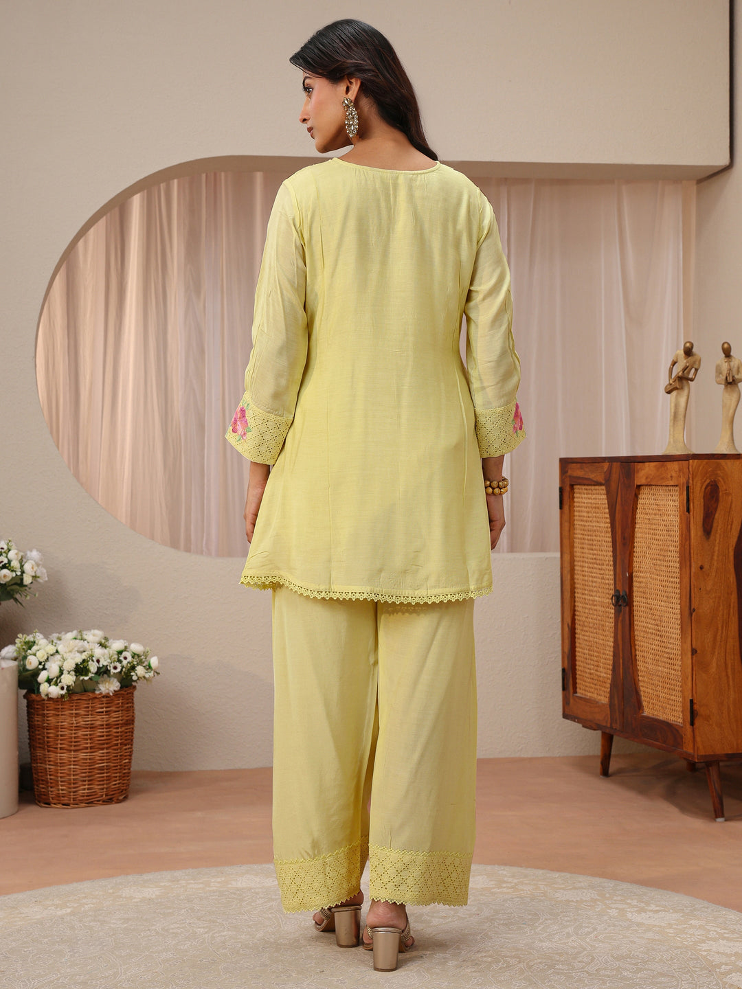 Yellow Floral Embroidered Silk Blend A-Line Kurta Set