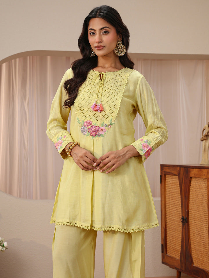 Yellow Floral Embroidered Silk Blend A-Line Kurta Set