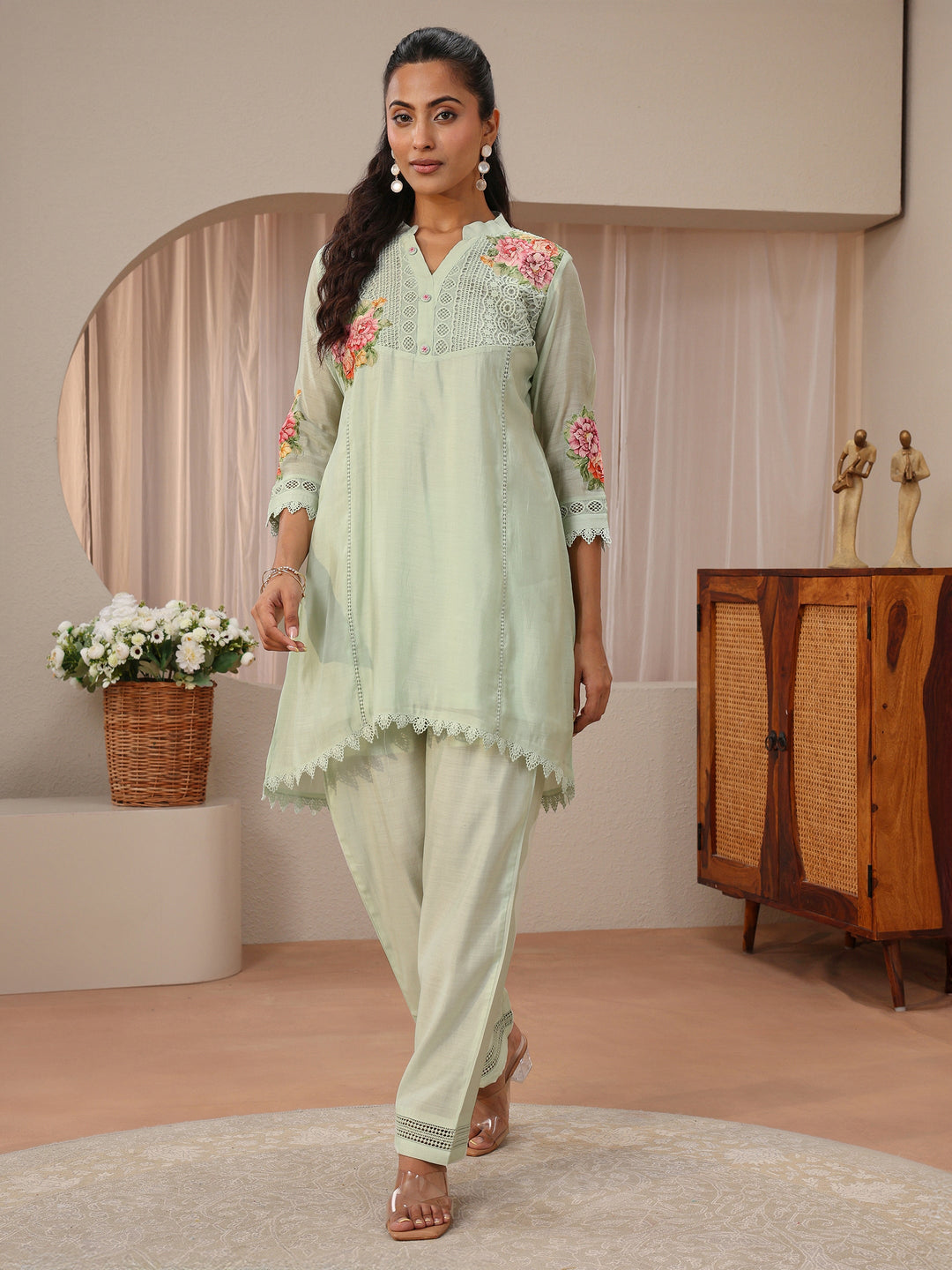 Green Floral Embroidered Silk Blend A-Line Kurta Set