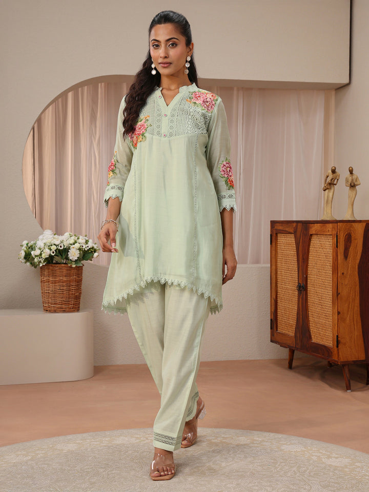 Green Floral Embroidered Silk Blend A-Line Kurta Set
