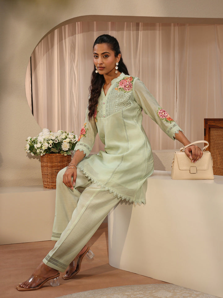 Green Floral Embroidered Silk Blend A-Line Kurta Set