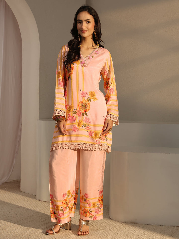 Peach Floral Printed Silk Blend Straight Kurta Set