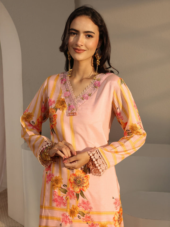 Peach Floral Printed Silk Blend Straight Kurta Set
