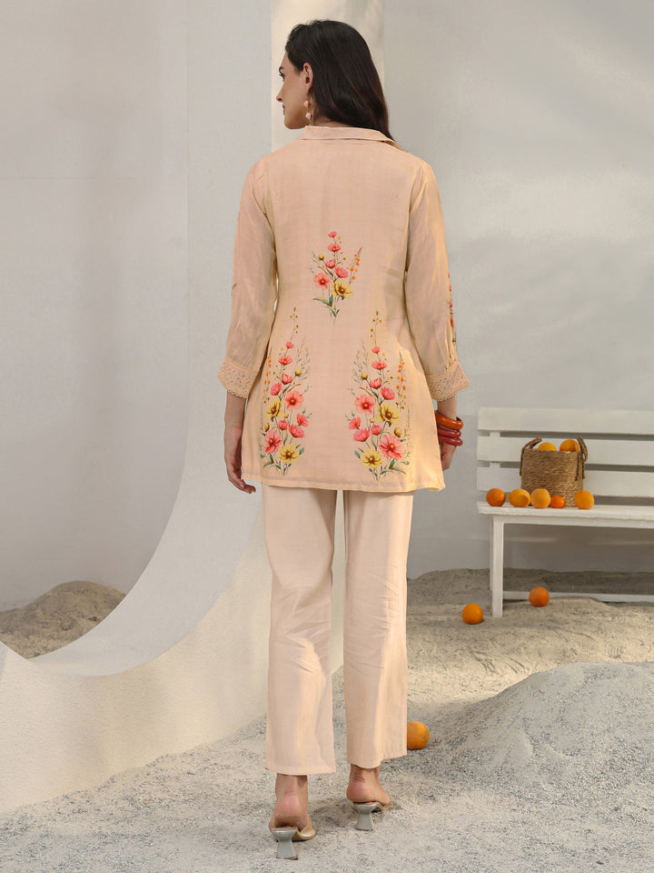 Peach Floral Printed Silk Blend Straight Kurta Set