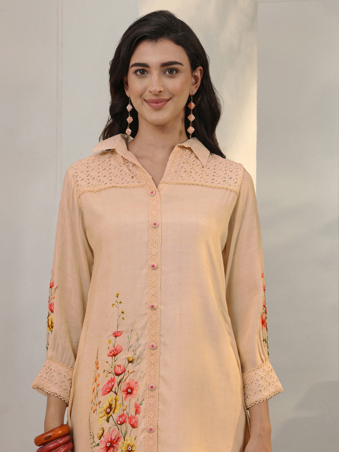Peach Floral Printed Silk Blend Straight Kurta Set