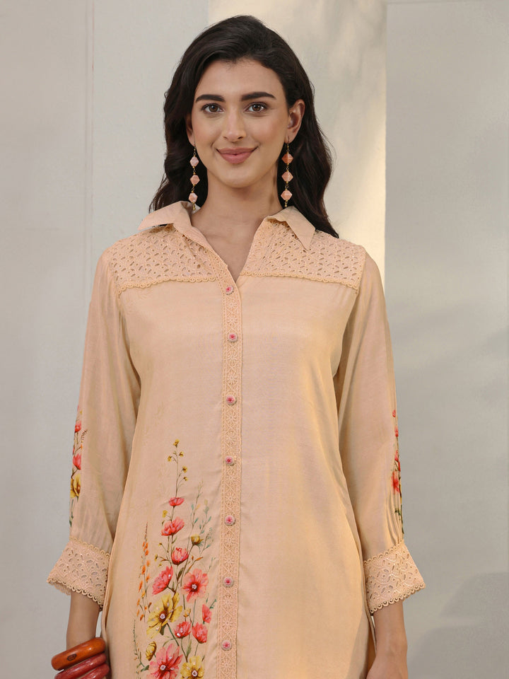 Peach Floral Printed Silk Blend Straight Kurta Set