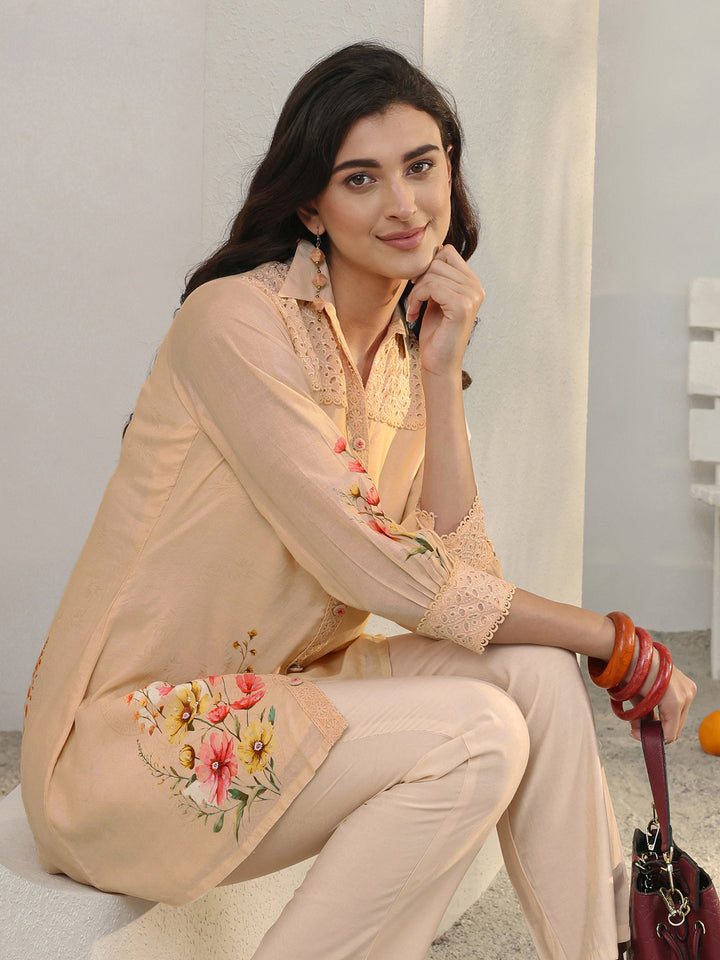 Peach Floral Printed Silk Blend Straight Kurta Set