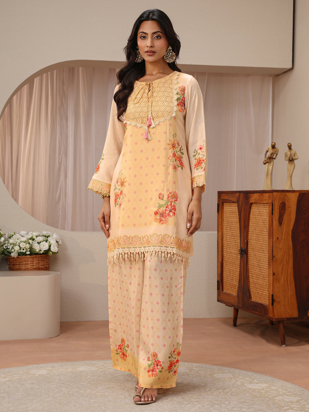 Peach Floral Printed Silk Blend Straight Kurta Set