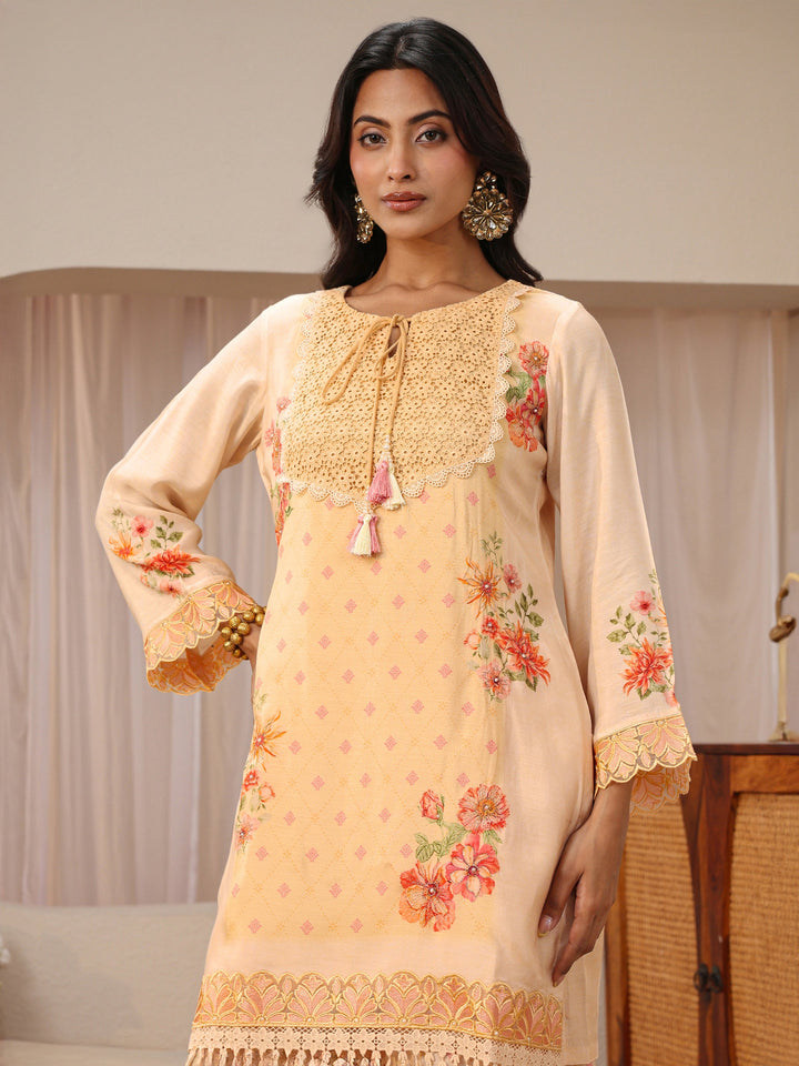 Peach Floral Printed Silk Blend Straight Kurta Set