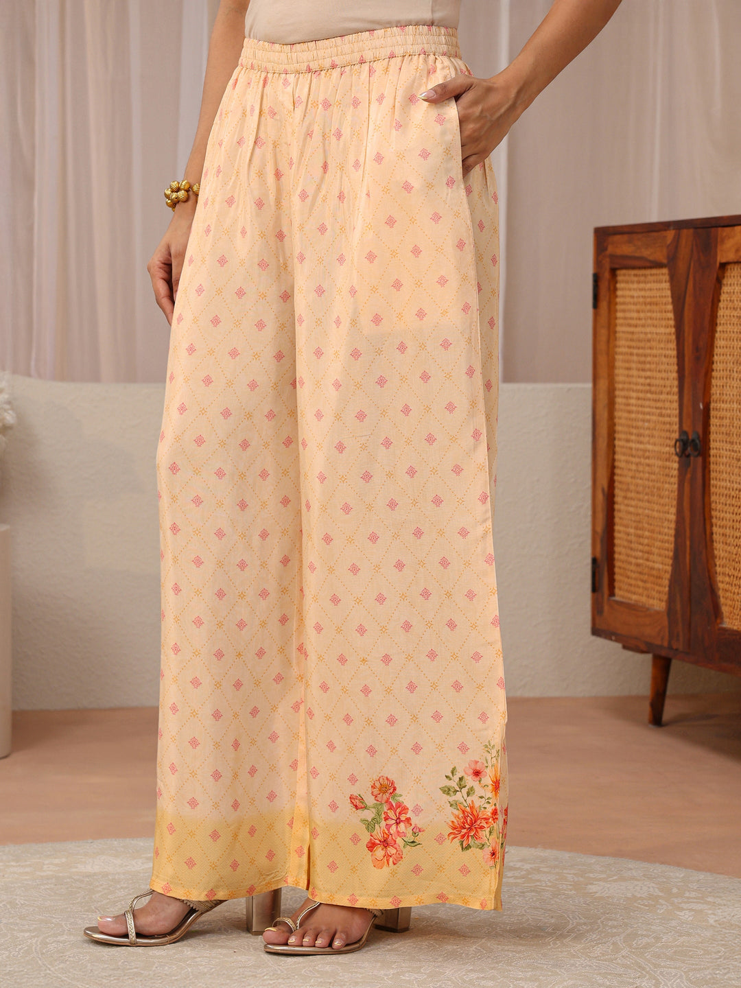 Peach Floral Printed Silk Blend Straight Kurta Set