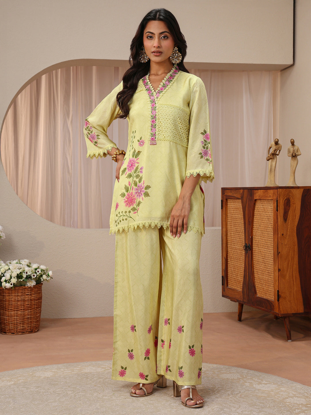 Lime Green Floral Printed Silk Blend Straight Kurta Set