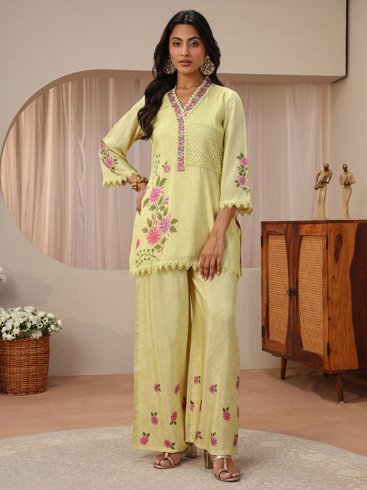 Lime Green Floral Printed Silk Blend Straight Kurta Set