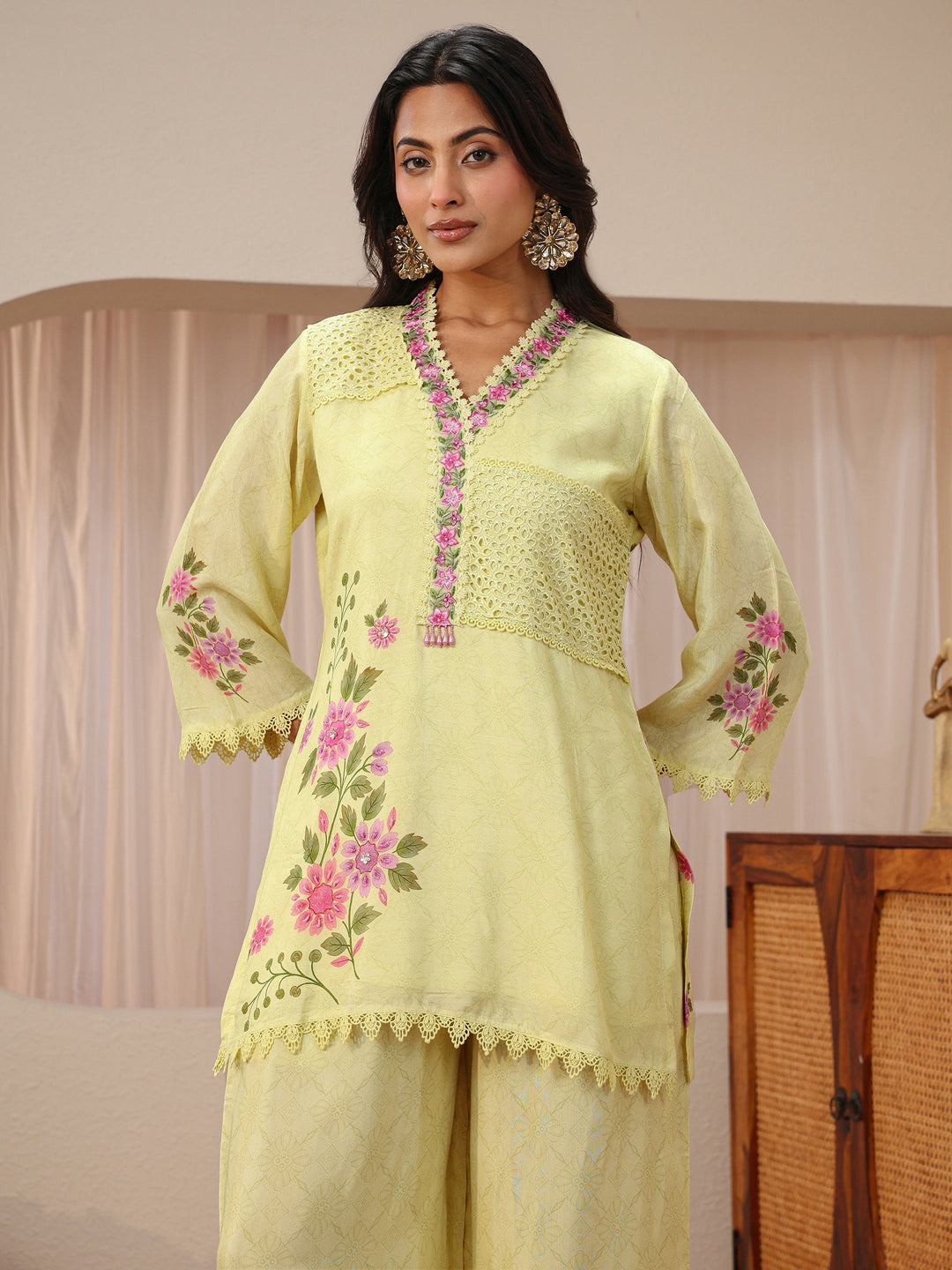 Lime Green Floral Printed Silk Blend Straight Kurta Set